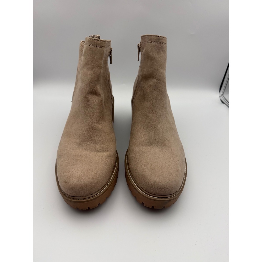 Tan Faux Suede Lug Sole Ankle‎ Boots with Snake Print Detail Side Zip Block Heel